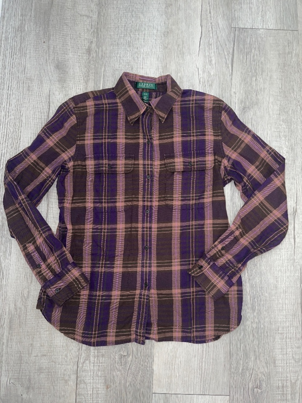 Lauren Ralph Lauren Petite Purple & Brown Plaid Long Sleeve Button Up Shirt